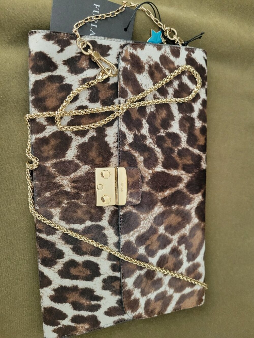 NWT Furla Cowhide Animal Print Leather Gold Chain Clutch Shoulder Bag Italy - Picture 2 of 16